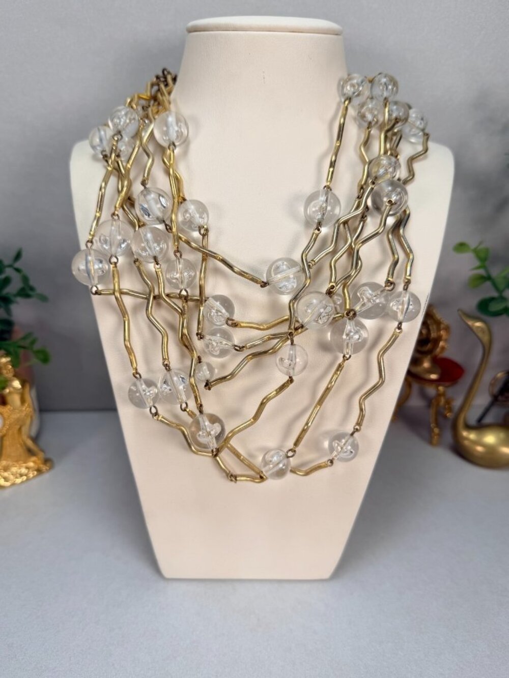 Biche De Bere France Multi Strand Glass Bead Avant Garde Necklace Gold Accent